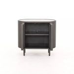 Nightstand with open double doors showing interior shelf and cord management cutout