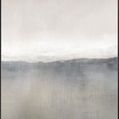 Abstract painting showing a muted mountain range blending into a soft, cloudy sky with gray and beige tones