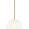 Scranton Pendant shown from a three-quarter angle with glowing light through etched glass and gold rod