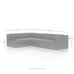 White sectional with dimensions showing length, height, and depth measurements