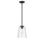 Large mini pendant with clear glass shade and matte black fixture, adjustable cord hanging from black ceiling mount