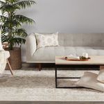 Rug featured under modern sofa with geometric pillow and wooden coffee table with accessories.