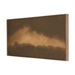 Angled view showing the depth and walnut floater frame with smooth wood grain around cloudscape painting