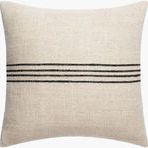 Square lumbar pillow in light brown fabric with four bold black horizontal stripes across center