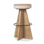 Damon swivel stool shown from a three-quarter angle highlighting the tapered wooden base and metal ring footrest