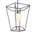 Rochefort Lantern viewed from angled side with lit milky white globe and black geometric frame