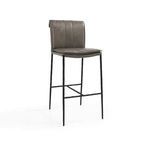 Mayer Stool with slender iron legs and taupe leather upholstery featuring rolled back and detailed stitching