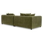 Straight front view of olive sofa with dimension lines showing width and height measurements.