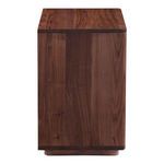 Side profile of Osamu nightstand highlighting vertical walnut wood panels and smooth finish