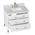 Angle view of Verona vanity with open drawers highlighting organization features and marble top