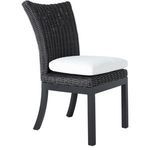 Montecito Dining Side Chair with dark woven rattan back and seat frame, black legs, and white seat cushion, different leg ...