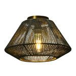 Flush mount ceiling light glowing with warm light in woven shade