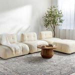 Davina rug in living room setting under white modular sofa and wooden coffee table with plant nearby