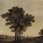 Close crop of tree cluster with textured oil paint creating layered foliage in muted green and brown palette.