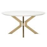 side view of round dining table showing brass leg flat edges and solid wood accent at center from profile