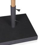 Close-up of adjustable metal base clamps securing teak umbrella pole