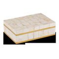 Rectangular box with a patchwork mother-of-pearl exterior and polished brass trim on top and bottom edges