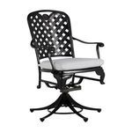 Black aluminum swivel rocker chair with lattice back and white seat cushion