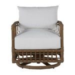 Straight-on front view with cushions and rattan frame emphasizing the chair's structured shape