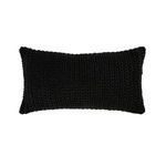 Black rectangular outdoor throw pillow with handwoven knit pattern and durable weather-resistant finish