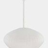 Side view of white cotton coiled pendant lamp showing rounded shape and texture