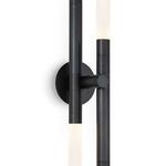 Close-up of Cass Sconce black metal base and two vertical frosted acrylic light tubes