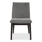 Front view of single Charlie dining chair highlighting padded seat and back with textured gray fabric