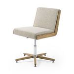 Front view of camel upholstery chair variant showing height lever and five wooden legs swivel base