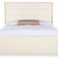 Straight-on front view highlighting the full width of the upholstered footboard and horizontal channels on headboard