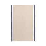 Flat lay of beige kitchen towel showing full rectangular shape and border details