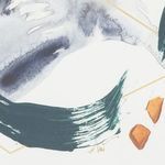 Detail of teal brushstroke with textured golden shapes in Carbon By Beth Winterburn painting