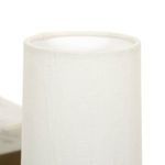 Close-up of top edge of cylindrical white linen lamp shade with visible fabric texture