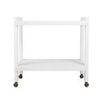 Minimalist bar cart in white washed oak with two shelves and caster wheels