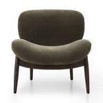 Olive green velvety chenille accent chair with wide curved seat and back, tapered dark wooden legs