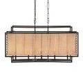 Front-facing glowing rattan panel with visible black metal frame surrounding rectangular chandelier