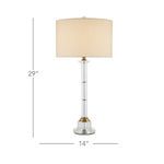 Lothian crystal table lamp with beige shade shown with height and width dimensions 29 inches tall and 14 inches wide