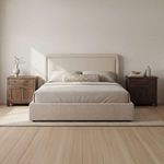Simon Storage Bed in bedroom setting with neutral bedding, wood nightstands, and beige rug