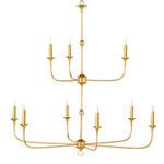 Two-tier chandelier displayed frontally showcasing balance of upper and lower arms