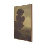 Side angle view of framed painting showing slim rustic walnut frame depth and muted landscape colors