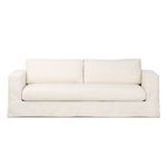 Front view of snow-white slipcovered sofa with clean lines and tailored silhouette