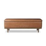 Rectangular Iris Trunk with rich tan leather upholstery and oak frame with tapered legs in worn oak finish