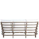 Straight back view of the sofa with white cushions and evenly spaced oak rails