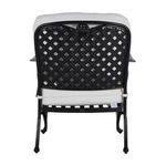 Direct rear view of black lattice aluminum backrest and bottom seat support under white cushions