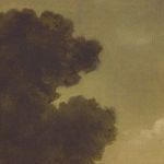 Close-up of upper middle tree area in painting showing soft, textured brushstrokes and cloud highlights
