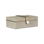 Rectangular luxury Steven Box in textured light gray shagreen with brass strap and white knob closure.