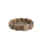 Brown organic-shaped ribbed marble tray with scalloped edges and natural veining