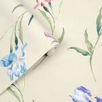 Rolled wallpaper showing close-up of floral print with blue iris on pale seaspray background