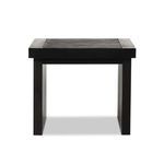 Lower angle close-up focusing on dark brown Warby End Table leg panel and tabletop edge overlap