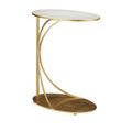 Angle from the front showing space under marble top and curved gold ribs linking top and base