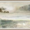 landscape painting with swirling gray clouds over a misty horizon in muted gray, green, and beige tones